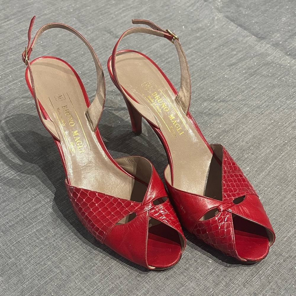 Vintage Bruno Magli Red Leather and Snakeskin Slingback Heels